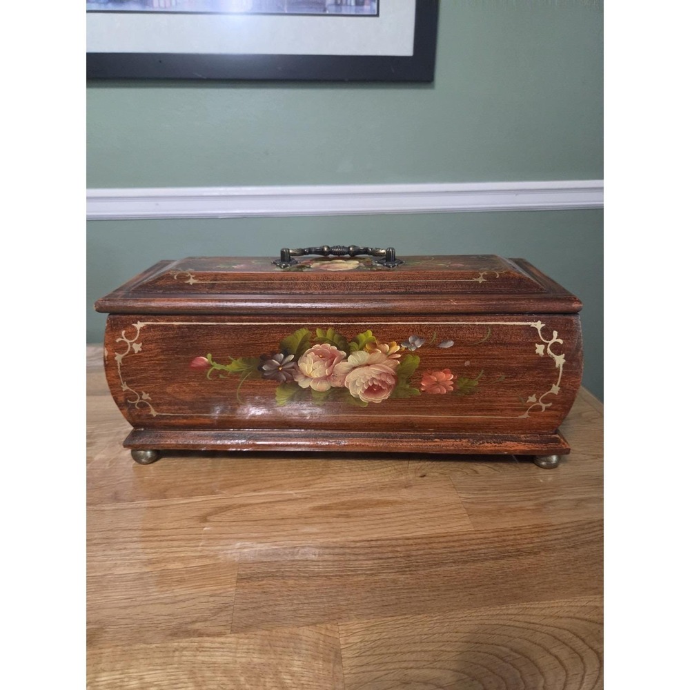 Vintage Hand Painted Wooden Box Floral Design w/ Lid Storage Decor